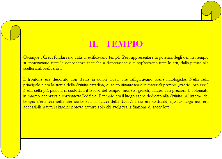 Pergamena 2: IL   TEMPIO
Ovunque i Greci fondassero citt vi edificavano templi. Per rappresentare la potenza degli di, nel tempio si impiegavano tutte le conoscenze tecniche a disposizione e si applicavano tutte le arti, dalla pittura alla scultura,all'oreficeria...
Il frontone era decorato con statue in colori vivaci che raffiguravano scene mitologiche. Nella cella principale c'era la statua della divinit cittadina, di solito gigantesca e in materiali preziosi (avorio, oro ecc.)Nella cella pi piccola si custodiva il tesoro del tempio: monete, gioielli, statue, vasi preziosi. Il colonnato in marmo decorava e sorreggeva l'edificio. Il tempio era il luogo sacro dedicato alla divinit. All'interno del tempio c'era una cella che conteneva la statua della divinit a cui era dedicato; questo luogo non era accessibile a tutti i cittadini: poteva entrare solo chi svolgeva la funzione di sacerdote. 
 
